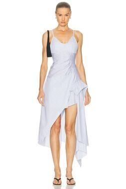MONSE Cascade Shirt Dress Blue Multi Stripe Asymmetric Ruffle Midi Dress US8